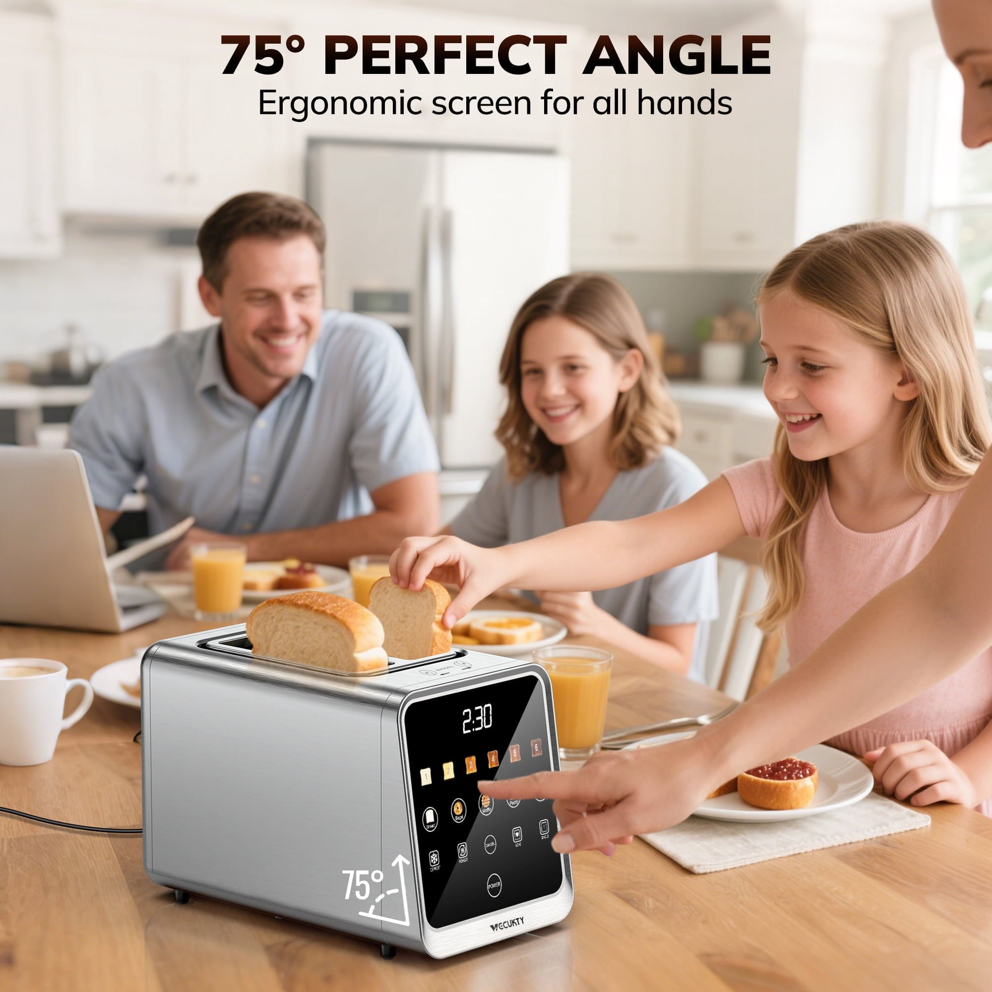Digital 2 Slice Toaster, Dual Control Panel Smart Toaster with TouchScreen, Single Slot Toasting, Reheat & Defrost for Bagels, Bread, Waffles